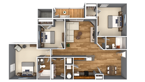 A 3D floor plan of a house showing a kitchen, living room, and bedrooms.